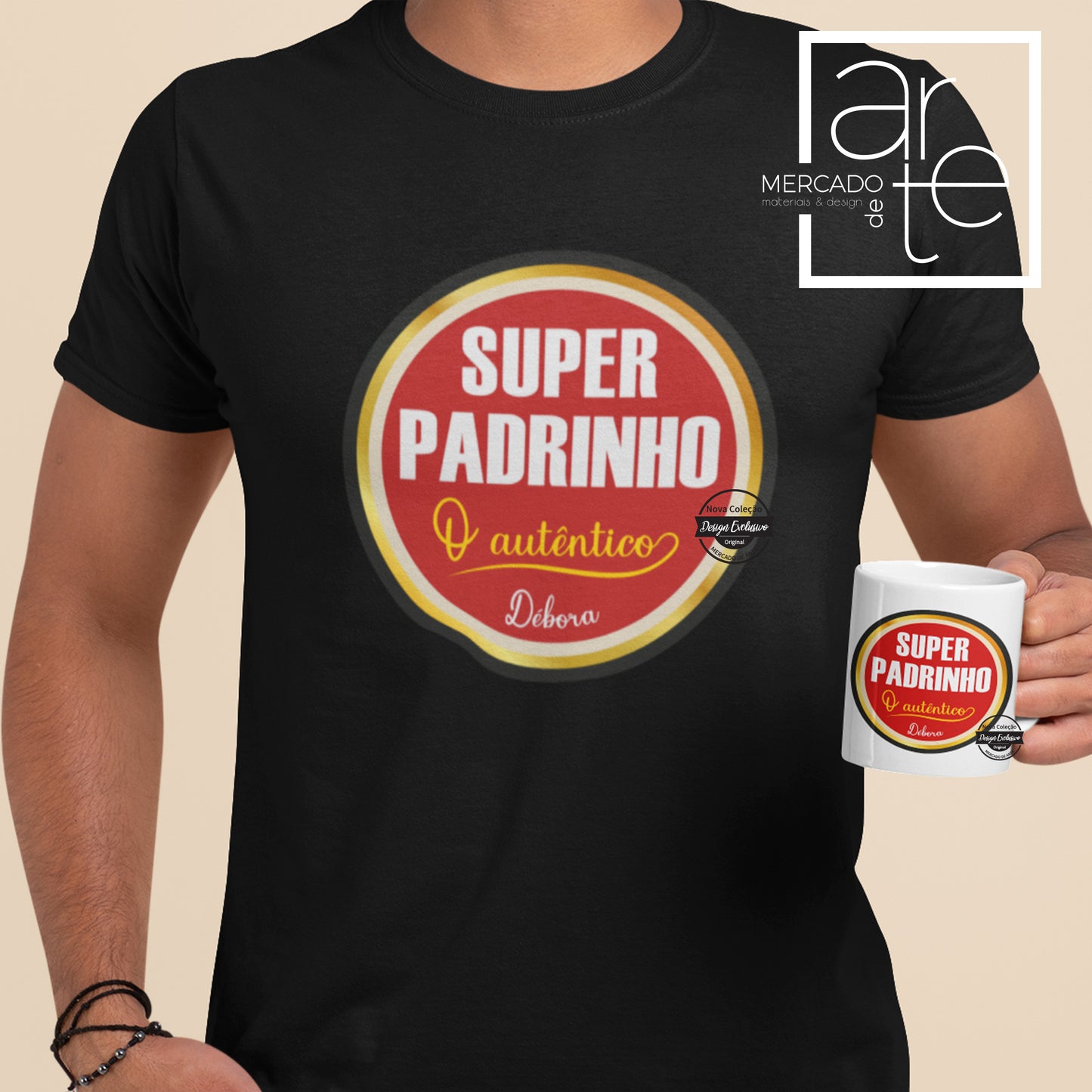 T-shirt " Super Padrinho" 100 % algodão, personalizada a seu gosto, disponível em branco e preto do S ao XXL. Pode adquirir em conjunto com a caneca de cerâmica, para fazer o conjunto perfeito para o Padrinho, Tio, Pai, Avô... Um presente que irá surpreender na páscoa, aniversário, natal ou qualquer outra ocasião, pois é possivel personalizar com o tema que desejar.