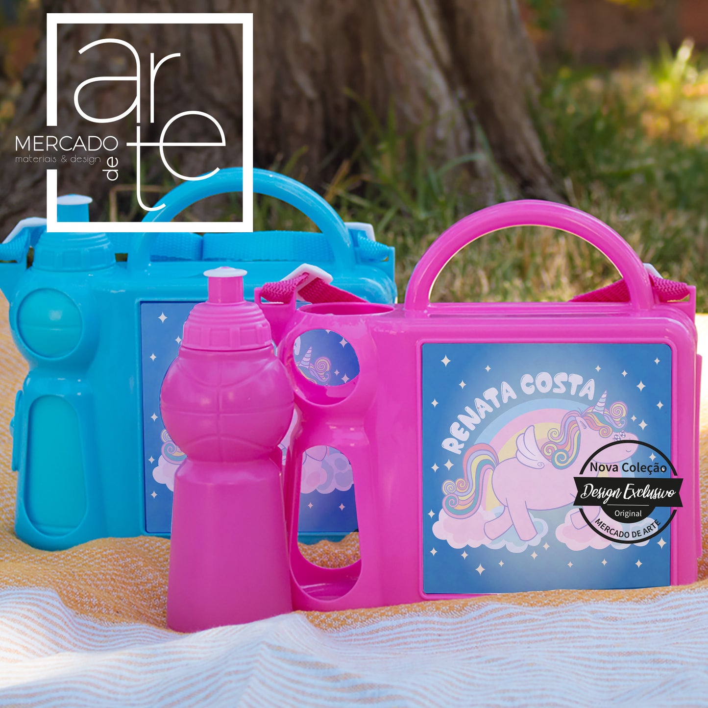 Conjunto lancheira com uma divisória + garrafa "Unicórnio"