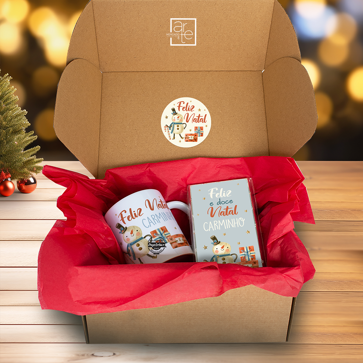 Kit caneca e chocolate "Boneco de Neve - Feliz Natal"