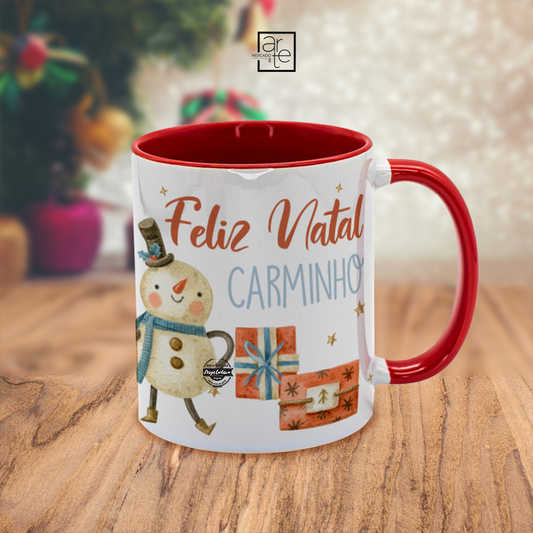 Caneca interior vermelho "Boneco de Neve - Feliz Natal"