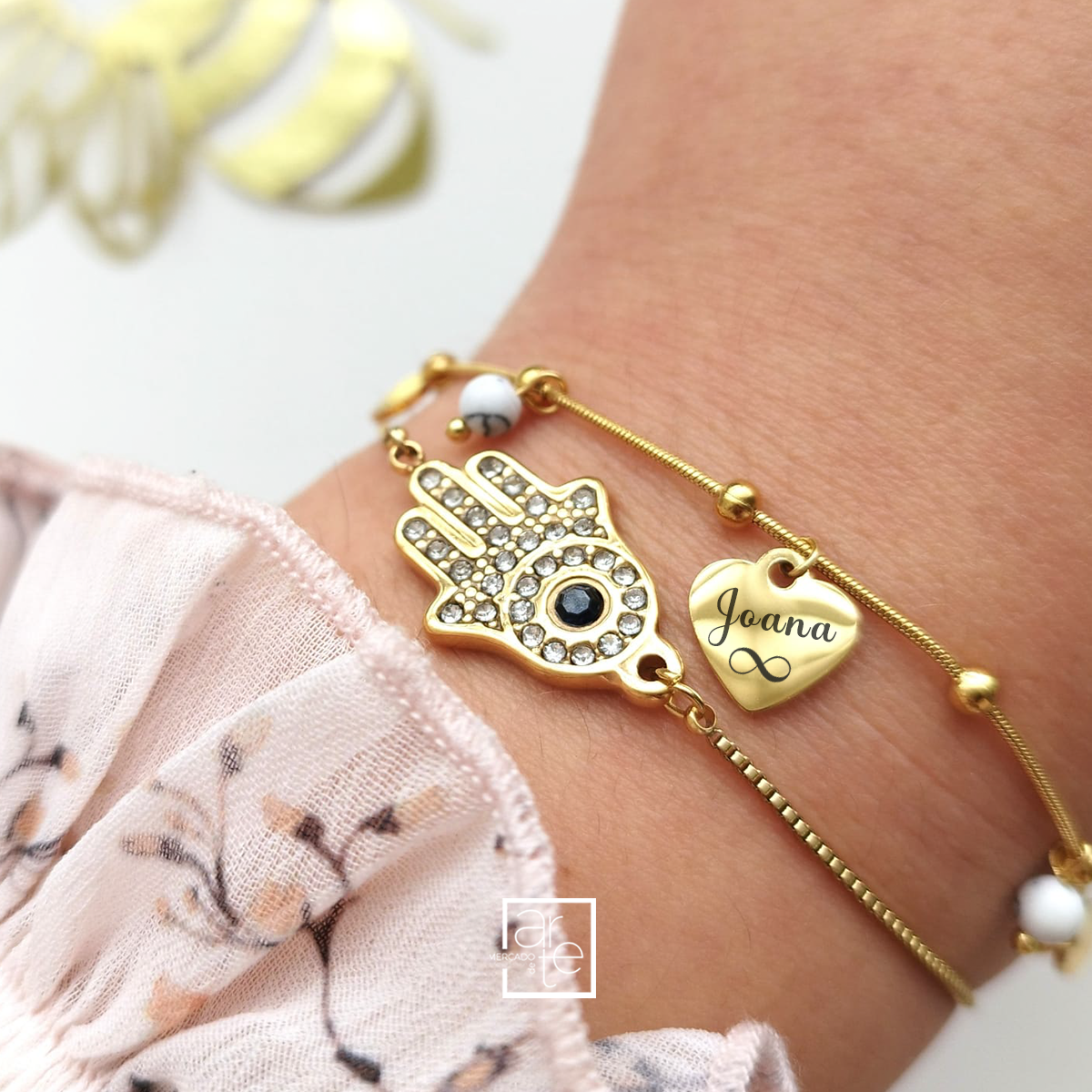 Pulseira mão de fátima/ coração "Nome"