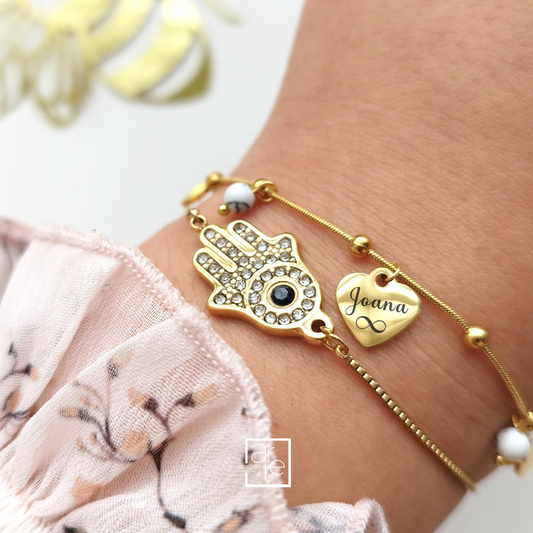 Pulseira mão de fátima/ coração "Nome"