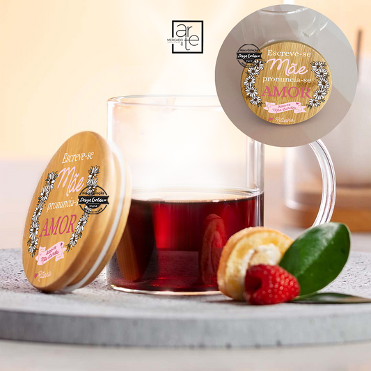 Caneca com tampa e colher bambu "Escreve-se mãe, pronuncia-se amor"