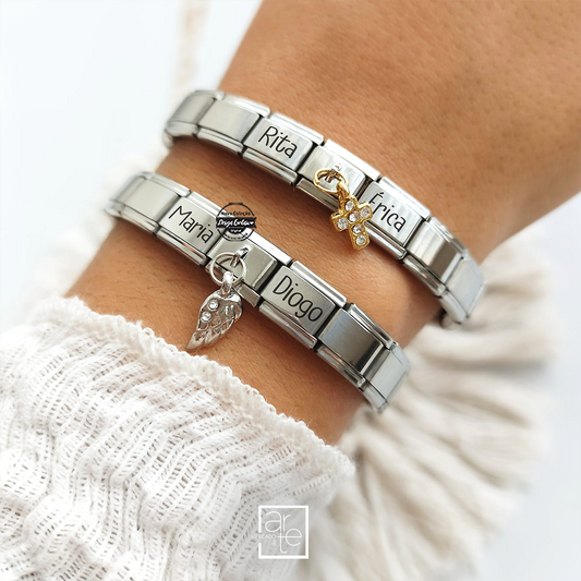 Pulseira nomes asa/ cruz