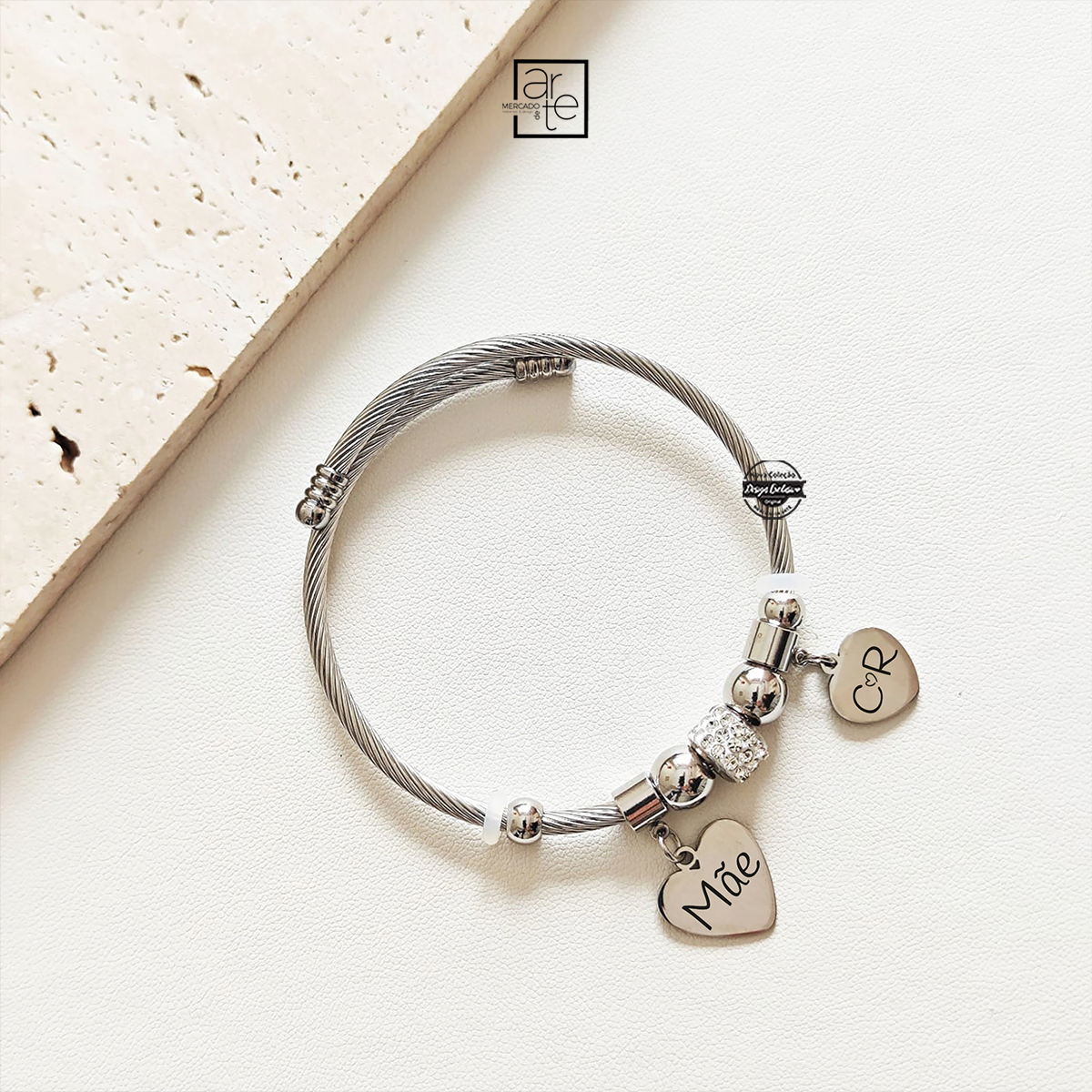 Pulseira malha snake corações "Mãe"