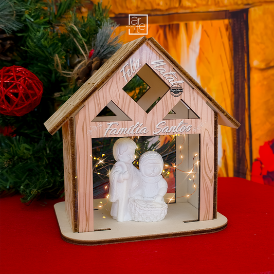 Presépio madeira com figuras de gesso "Feliz Natal"