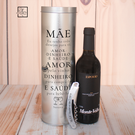 Garrafa com lata e saca rolhas "Mãe"