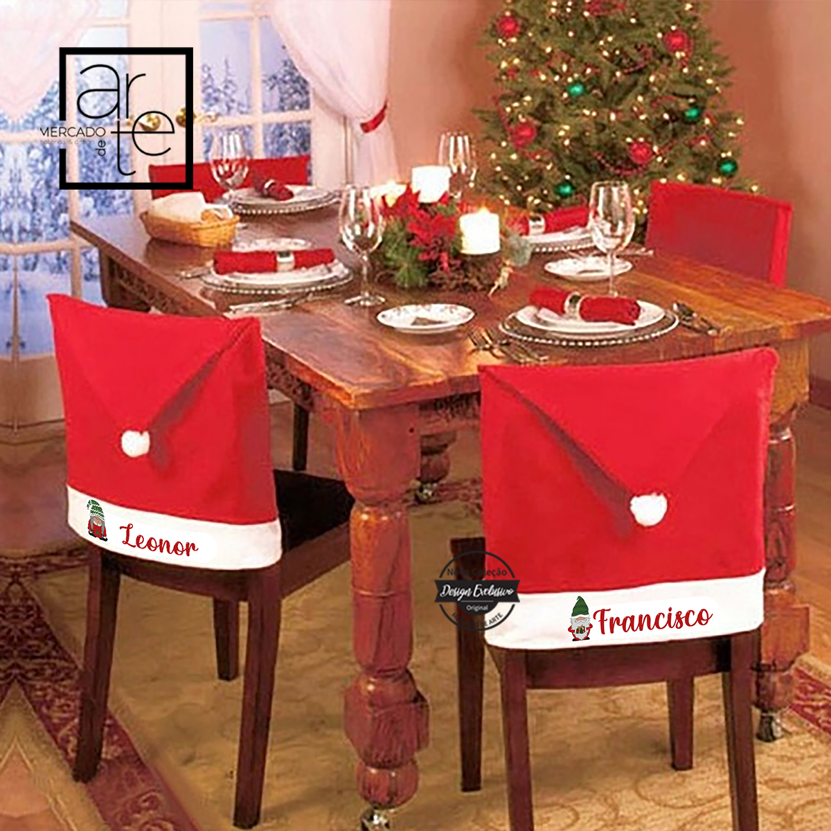Decore a sua casa para o seu Natal com um fator uau! Organize os lugares da sua mesa de Natal com as nossas capas de cadeiras que pode personalizar com os nomes que desejar. Um pormenor super giro para a sua decoração de Natal.   Descontos para quantidades:  1 unidade - 4.20€ cada 6 unidades - valor unitário será de 3.80€ 10 unidades - valor unitário será de 3,60€ cada  Medida- Largura até 45cm/ Comprimento-60cm   REF:MA-NAT147