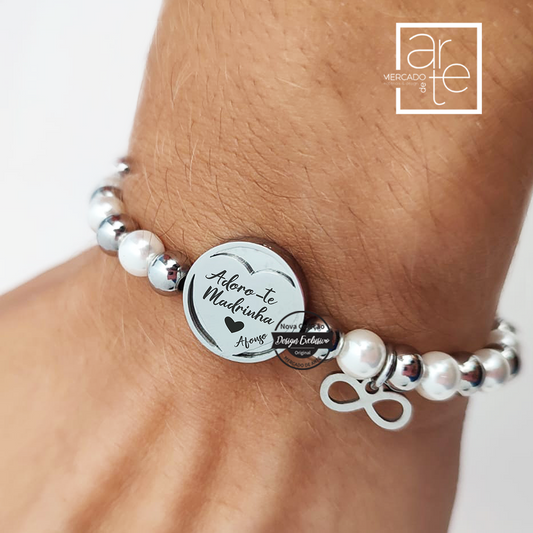 Pulseria de pérolas e infinito "Adoro-te Madrinha"
