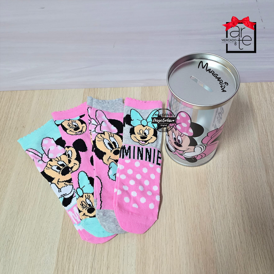 Kit mealheiro com meias Minnie "Nome"