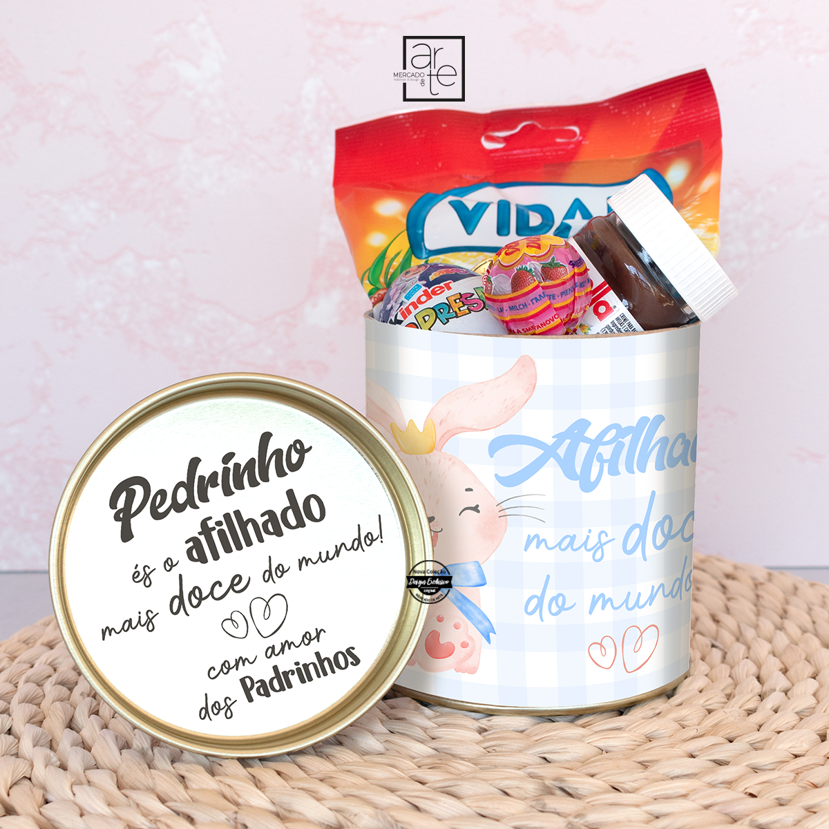 Caixa cilindro com doces coelhinhos "Feliz Páscoa"