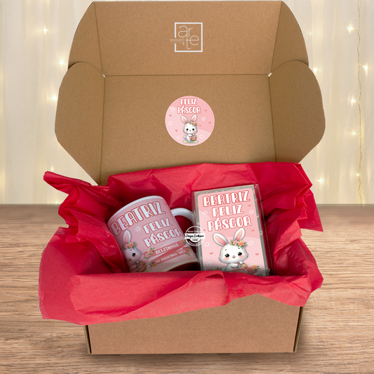 Kit caneca e chocolate coelhinhos "Feliz Páscoa"