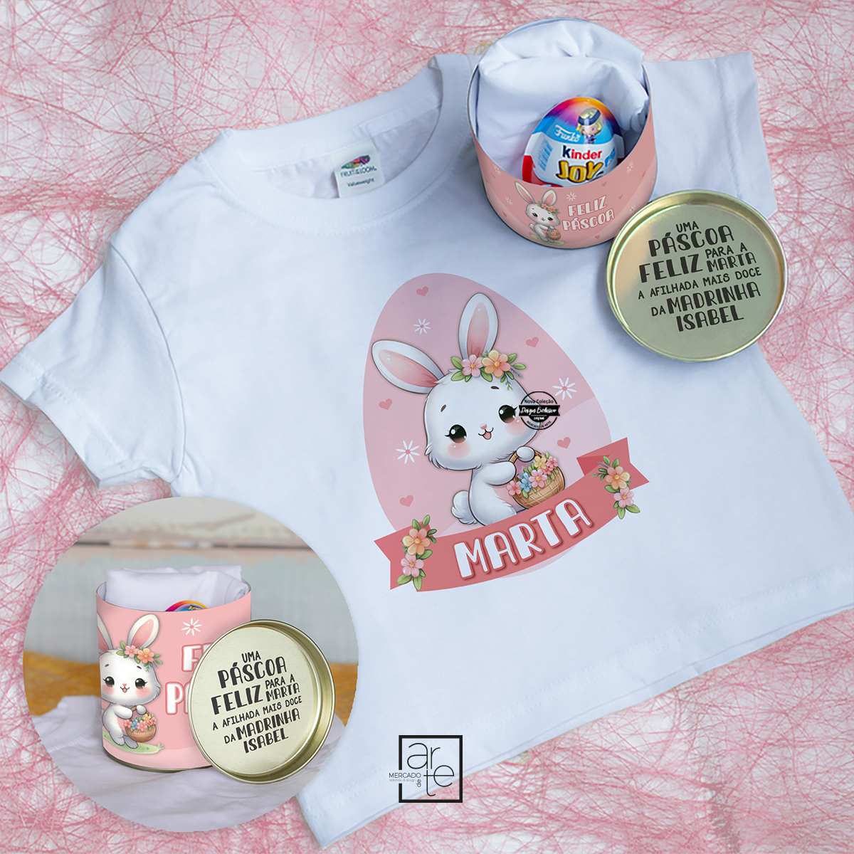T-shirt com caixa coelhinho "Feliz Páscoa"