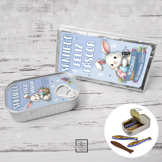 Lata de sardinhas de chocolate e/ou tablete de chocolate coelhinhos "Feliz Páscoa"