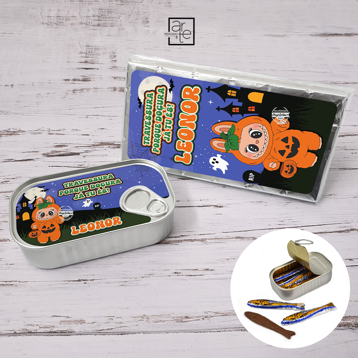 Lata de sardinhas de chocolate e/ou tablete de chocolate "Labubu Halloween"