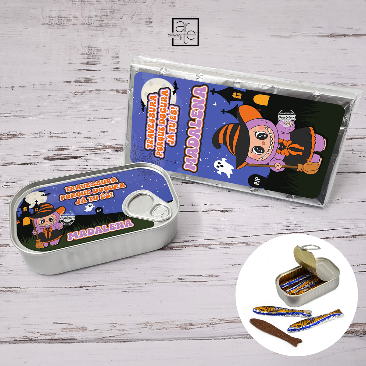 Lata de sardinhas de chocolate e/ou tablete de chocolate "Labubu Halloween"
