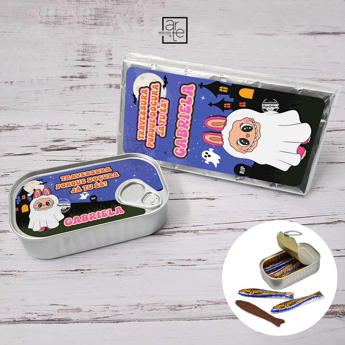Lata de sardinhas de chocolate e/ou tablete de chocolate "Labubu Halloween"