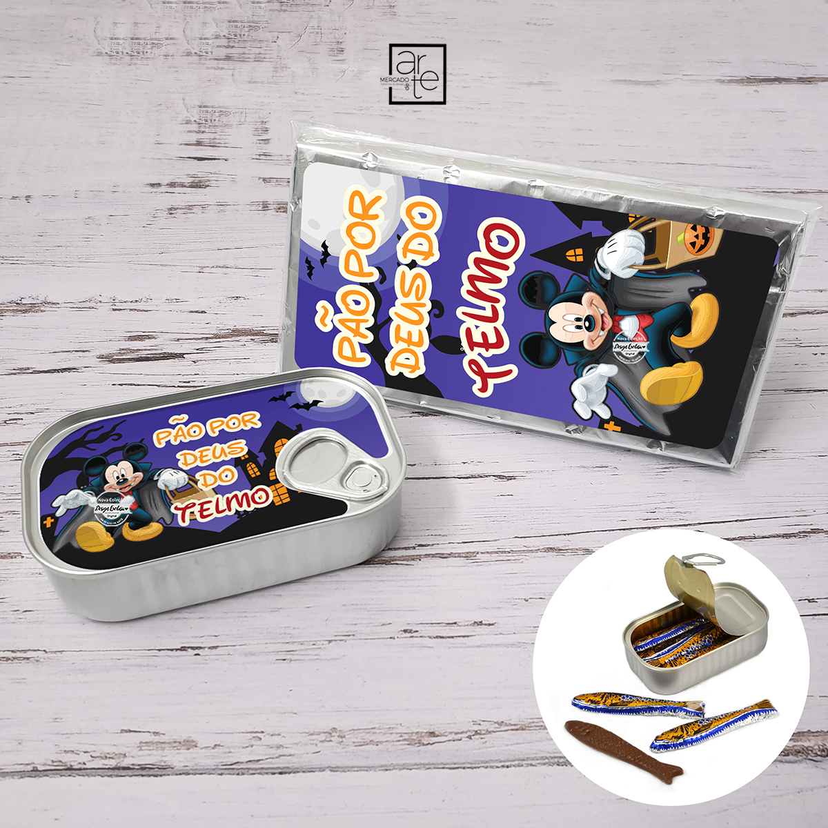 Lata de sardinhas de chocolate e/ou tablete de chocolate "Minnie/Mickey"