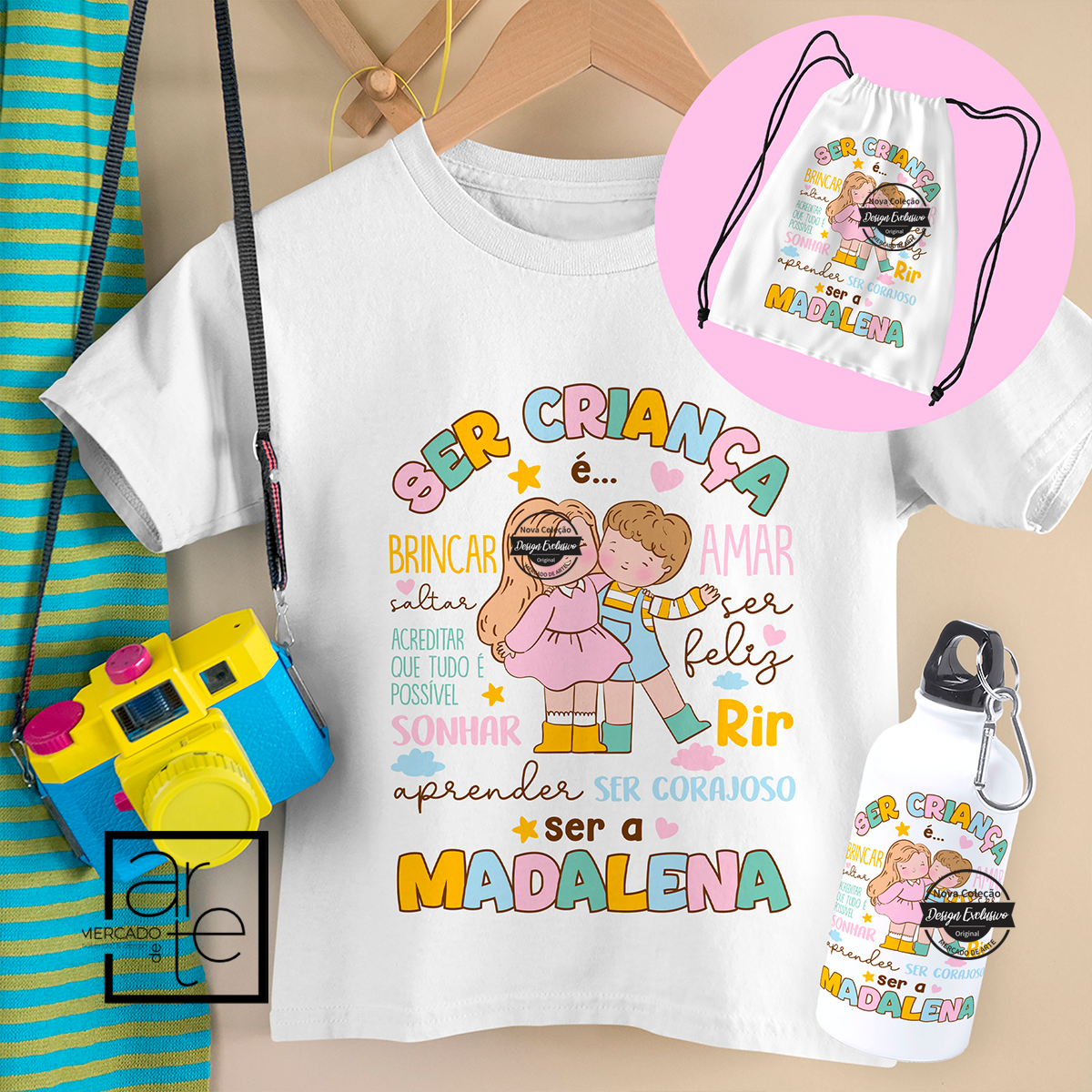 Novidade!  kit de uma criança feliz! Adoramos a nova coleção super colorida pensada especialmente para as crianças! Conjunto comporto por T-shirt 100% algodão, garrafa de 400ml e mochila. Vendido em conjunto ou separadamente.  REF:CRI056   