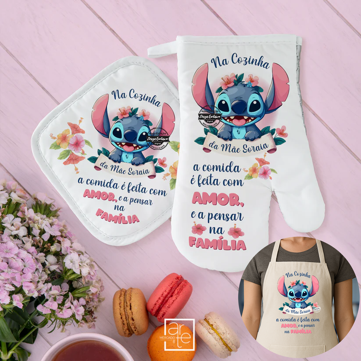 Conjunto de luva / pega de cozinha e Avental "Stitch"