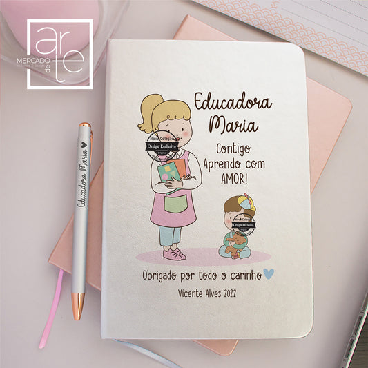 conjunto bloco de notas  para educadora e caneta 