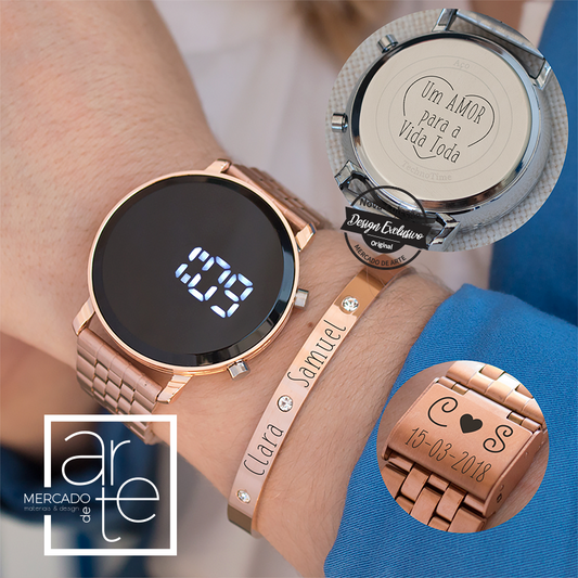 Relógio Digital e/ou pulseira em aço inox "Um Amor para a Vida Toda"