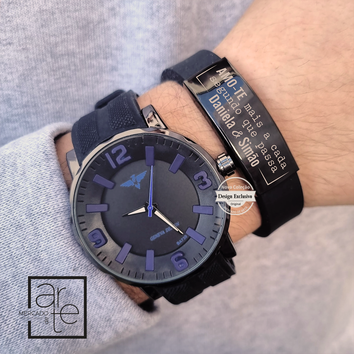 Novidade!   Conjunto relógio com bracelete em silicone com pulseira em aço inóx e bracelete em silicone. Personalize a pulseira com a mensagem que desejar. 