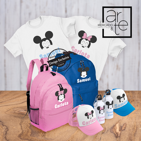 conjunto t-shirt mochila mais boné mais t-shirt mais garrafa de regresso às aulas com desenho alusivo a minnie e mickey