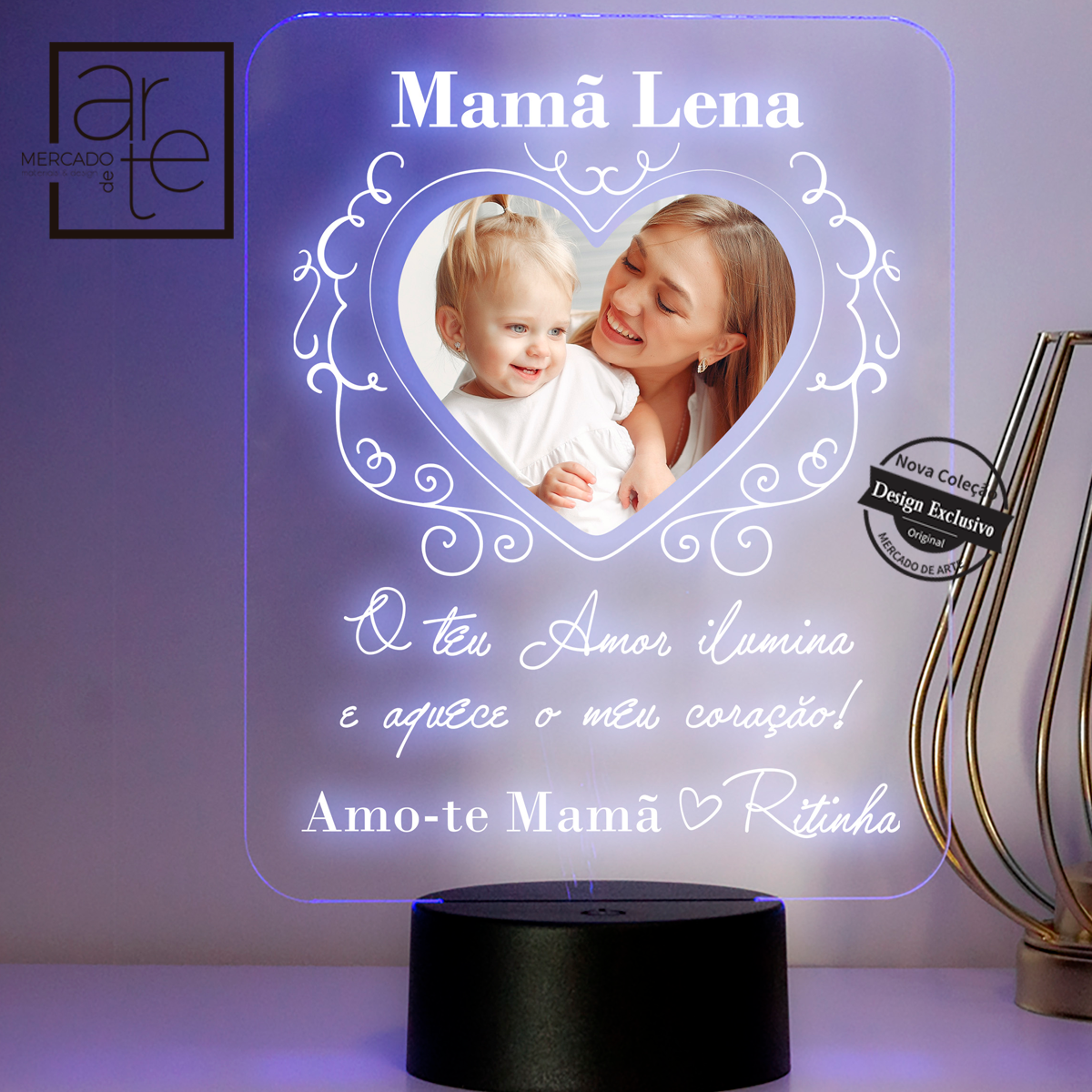 Moldura de LED "Mamã, o teu amor ilumina e aquece o meu coração"