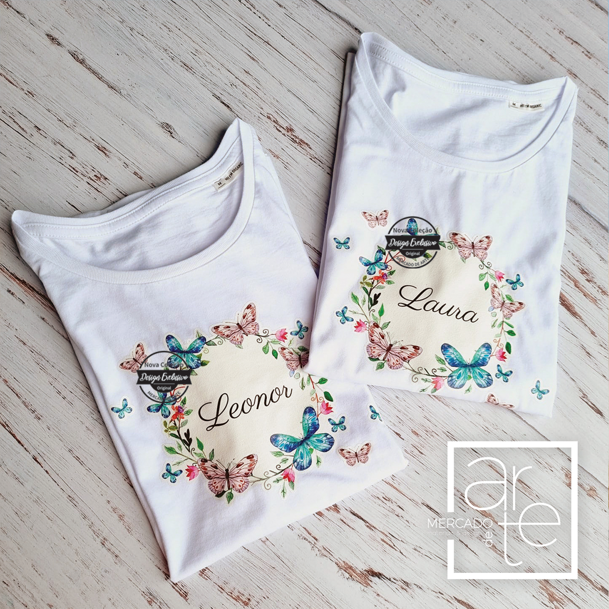 t-shirts 100% algodão com nome e borboletas.Pode personalizar como desejar